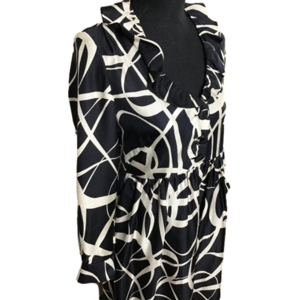 J Crew Womens Size 2 Black‎ and Ivory Silk Ruffled Neck Geometric Print Dress - Picture 3 of 13